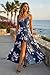 Newshows Womens Fashion Summer 2026 Dress V Neck Spaghetti Strap Easter Casual Floral Split Long Maxi Beach Teacher Work Sundress (Blue Floral Pink, Medium)