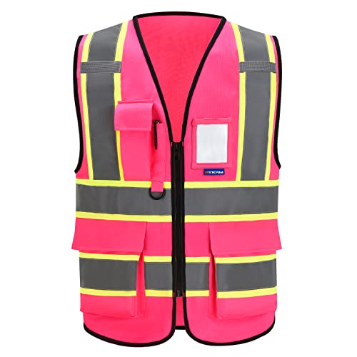 Aykrm 11 Colors Available Pink Reflective Vest High Visibility Reflective Safety Vest For Women Men High Visibility Security With Pockets Zipper Front Meets Ansi/Isea Standards #TOP11