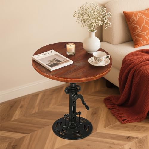 LOKKHAN Vintage Industrial Adjustable Height Crank Table for Home or Café- Round Iron Bistro/Dining/Desk with Mechanical Inspired Hand- Rustic Antique Style, Wooden Desktop, Dark Grey Base