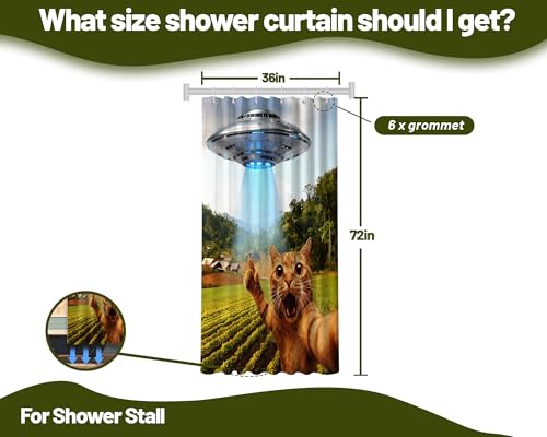 Image of Small Stall Shower Curtain Rv Funny Cat UFO, 36 x 72 Inchs | for Camper Stand Up Shower, Cool Teen Pattern Design, Narrow Bathroom Decor Sets Waterproof Cloth Fabric, with Hooks