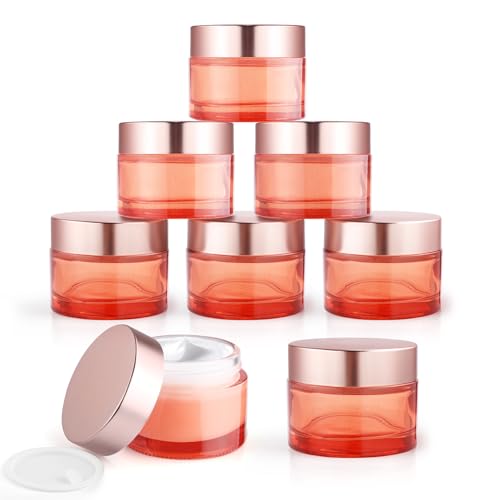 8pcs 50g/1.7oz Rose Gold Glass Cream Jars Round Lotion Bottle Refillable Empty Cosmetic Container Pot for Eye Creams,Body Scrub,Facial Mask,Ointments