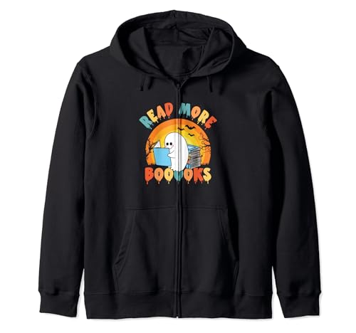 Read More Boooks | Cute Ghost Reading | Bookworm Halloween Zip Hoodie