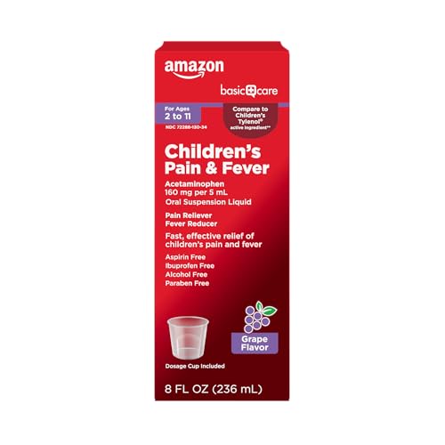 Image of Amazon Basic Care Children's Pain and Fever, Acetaminophen 160 mg per 5 mL Oral Suspension, Pain Reliever, Fever Reducer, Grape Flavor, 8 fl oz