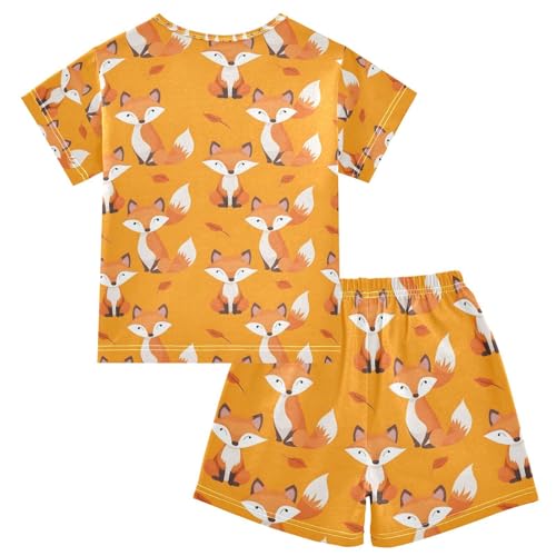 ALAZA Cute Fox Animal Orange Pajamas Set Short Sleeve Cotton Sleepwear Summer Pjs 2 Piece 5-14Y2