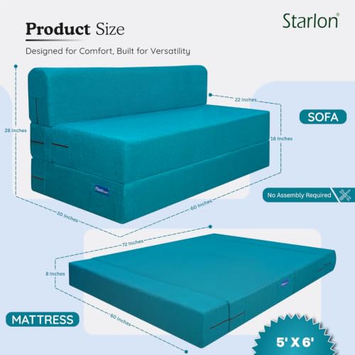 Image of Starlon 3 Seater Sofa Cum Bed Foldable 3-in-1 Sofa Bed with 1 Year Warranty, Washable Jute Fabric Cover & 2 Geometrical Pillows | Aqua Teal 5x6 Ft
