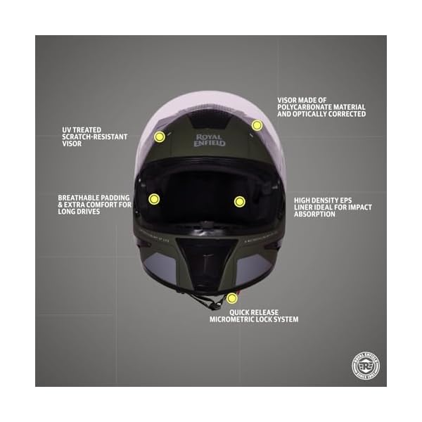 Royal-Enfield-AIR-X-1901-Full-Face-Helmet-Certification-ISI-DOT-High-Impact-Grade-ABS-Shell-Multipore-Ventilation-System-Aerodynamic-Design-with-Aggressive-Styling-Battle-Green-XL-62CM Royal Enfield AIR-X 1901 Full Face Helmet | Certification: ISI & DOT | High Impact Grade ABS Shell |Multipore Ventilation System | Aerodynamic Design with Aggressive Styling | Battle Green (XL) 62CM