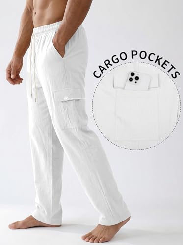 Image of Men's Linen Pants Casual Cargo Pants with Pockets Lightweight Elastic Waist Drawstring Pants Baggy Beach Pants