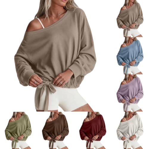 Womens Off Shoulder Sweatshirt, Long Sleeve Tie Hem Loose Casual Pullover - image 1