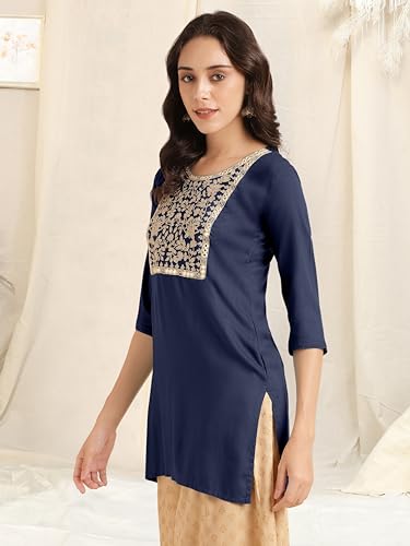 Image of MIRCHI FASHION Women's Straight Fit Rayon Sequins Embroidered and Polka Dots Printed Kurti Only