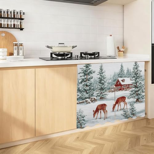 Image of Self Adhesive Forest Deer & Red Cabin Cabinet Curtain for Mother's Day, 39x28 Inch Nature Scenery Under Sink Skirt No Drill, Spring Cleaning Kitchen Decor, Hook and Loop Laundry Valance