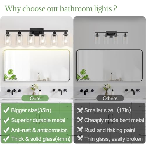Image of MOKATNG 6-Light Bathroom Light Fixtures, Vanity Light with Clear Glass Shades, Matte Black Bathroom Light Fixtures Over Mirror, Modern Bathroom Wall Lamp for Mirror Living Room Cabinet Bedroom