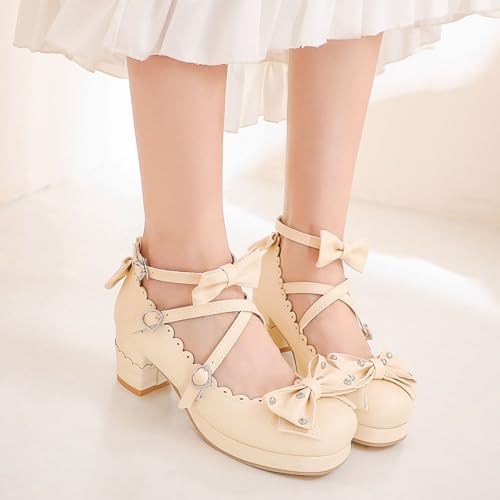 Women's Bow Cute Mary Janes Lolita Shoes, Ankle Strap Block Chunky Kawaii Heels, Closed Toe Cosplay Dress Platform Pumps4