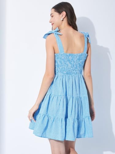 Image of Women's Gingham Checkered Summer Dress | Sleeveless A-Line Mini Dress with Shoulder Tie Straps & Button Front | Casual Picnic, Beach Wear