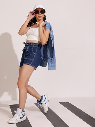 Image of Dolce Crudo Women's Relaxed Fit Mid-Rise Denim Shorts with Adjustable Waist & Frayed Hem