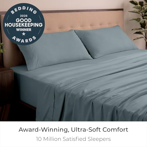 Image of Mellanni King Sheets Set - 4 PC Iconic Collection Bedding | Hotel Luxury, Extra Soft, Cooling Bed Sheets - Wrinkle, Fade, Stain Resistant (King, Spa Blue)