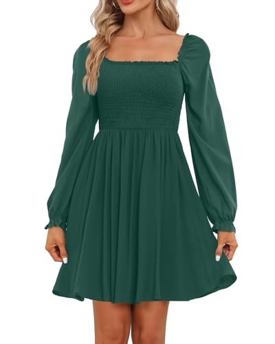 Image of Holipick Women's Casual Square Neck Smocked Dress Shirred Ruffle Puff Sleeve High Waist Cute Flowy A-Line Short Dress