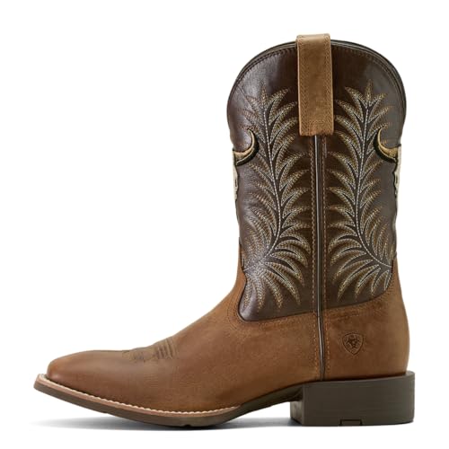 ARIAT Mens Sport Steer Skull Embroidered Square Toe Pull On Casual Boots Mid Calf - Brown2