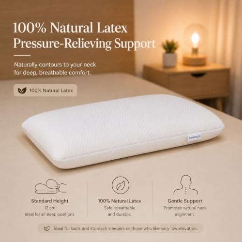 Image of kasiemobi Standard 100% Latex Pincore Pillow with Knitted Zipper Cover | Natural Latex Fill, Knitted Fabric Zipper Cover | Sleeping, Head and Neck Support | White Color, Unisex Use