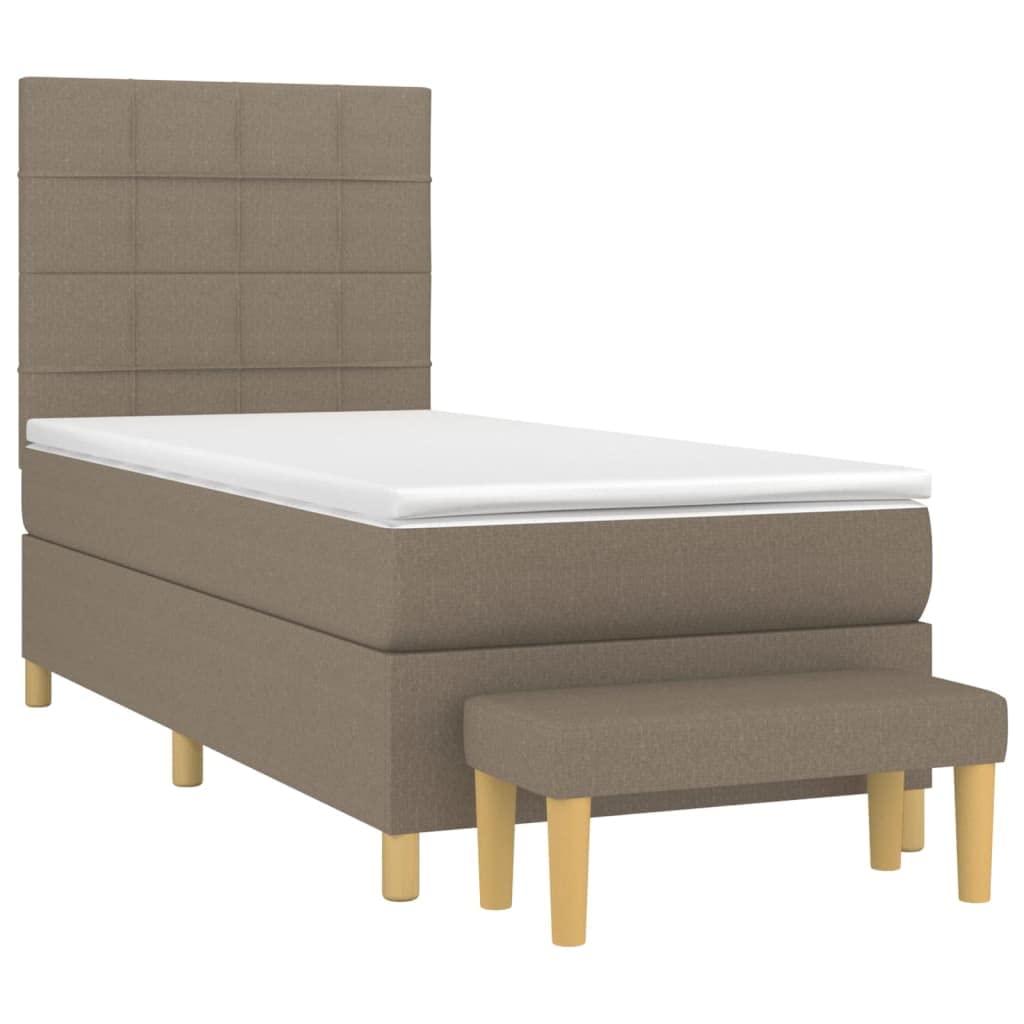 Tkanina z regulowanym zagłówkiem kontynentalne 90x200 cm Taupe | Łóżko kontynentalne 90x200 z materacem sprężynowym, tapicerowane tkaniną, szarobrązowe, z zagłówkiem i ławką