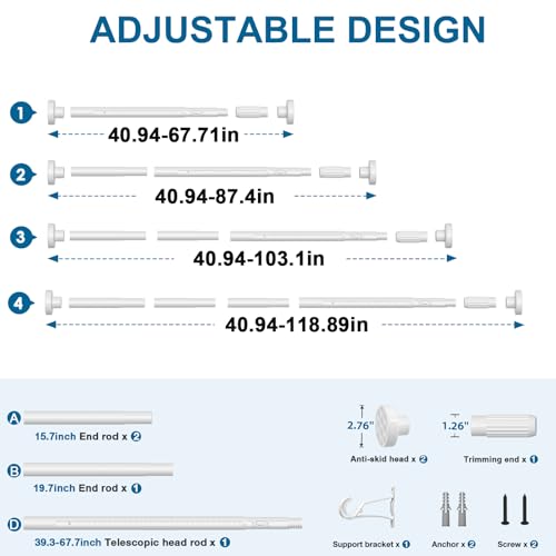 Image of AIZESI 41-118 Inch Heavy Duty White Tension Curtain Rod - No Drilling, Adjustable, Rust-Proof for Outdoor, Living Room, Bathroom