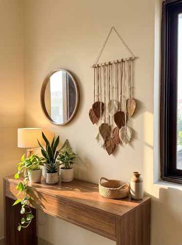 Image of JH Gallery Macrame Leaf Hanging, Boho Tapestry with Wooden Beads for Bedroom, Living Room, Balcony and Home Decor, Boho Chic Accent for Office Decor(Brown & White)