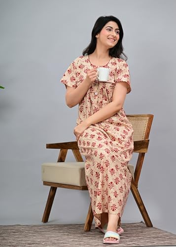 Image of DIAMO Pure Cotton Designer Nighty for Women | Night Gown | Nightdress | Maxi Nighty | Sleepwear | Jaipuri Nighty | Nighties | Cotton Night Gown for Women /Girls with Jaipuri Block Print