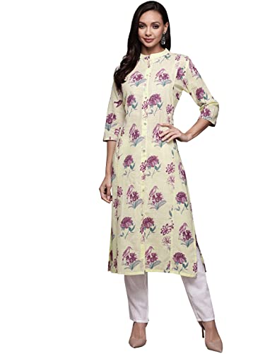 Image of ishin Women's Cotton Cream Embellished A-Line Kurta