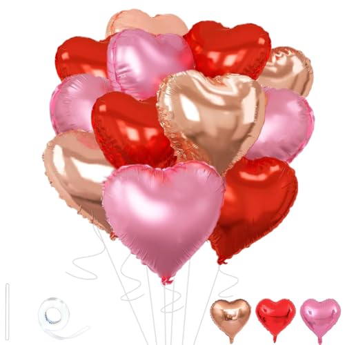 Wuhetyo Rose Gold & Red Heart Balloons，18 Inch Light Pink Foil Love Heart Shaped Balloons for Anniversary Wedding Engagement Birthday Party Baby Shower Valentines Decorations(12Pcs)