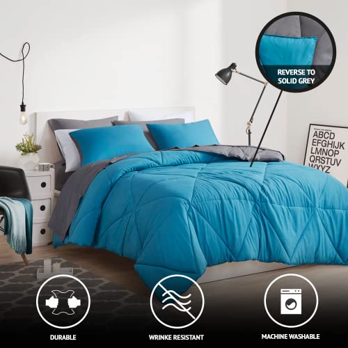 Image of Comfort Spaces Vince Reversible Bed In A Bag - Trendy Casual Geometric Quilted Cover, All Season Down Alternative Cozy Bedding, Matching Sham, King, Reversible Teal /Charcoal 9 Piece