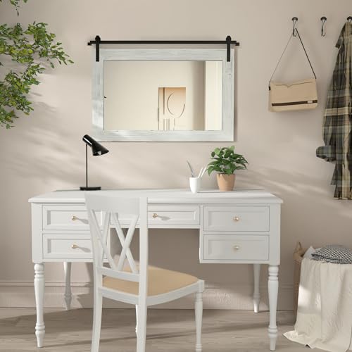 Image of COGOOD Farmhouse Barn Door Mirror - 29 inch x 22 inch Rustic Wood Framed Wall Mirror for Bathroom, Living Room, Entryway Wall Decor (White)
