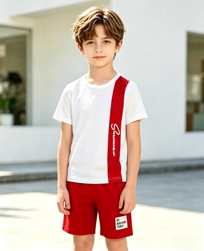 Image of Ayzozuy Boy Clothes Colorblock Top + Drawstring Waist Shorts 2 Pieces Kid Summer Outfits Set