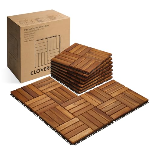 Image of 10pcs Interlocking Wood Deck Tile for Patio, 12 inchx12 inch Waterproof Solid Wood Patio Tiles (Square Joint, Walnut)