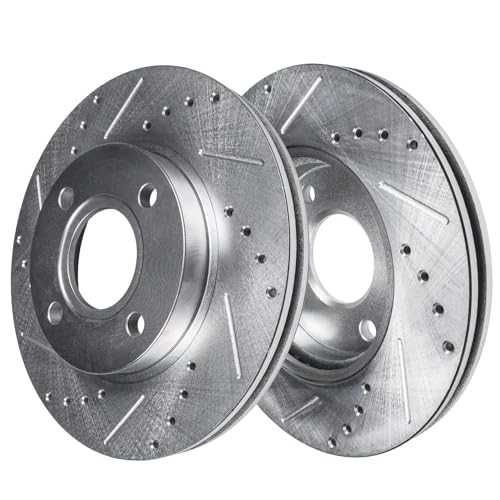 Image of Detroit Axle - 6pc Front Brake Kit for 2014-2016 Mitsubishi Mirage, 2015 Drilled and Slotted Disc Brake Rotors Ceramic Brakes Pads with Hardware Replacement : 9.02 inch inch Rotor