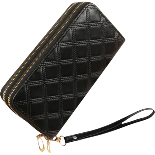 Womens Wallet Wristlet RFID Blocking Large Capacity Zip Around Clutch Purse Quilted Leather Double Zipper Card Holder