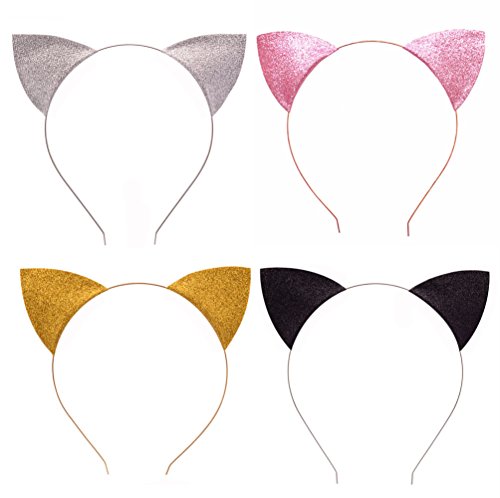 SOOKOO 4 Pieces Glitter Cat Ear Headbands Hair Hoops Kitty Headbands for Women Girls Daily Wearing and Party Decoration