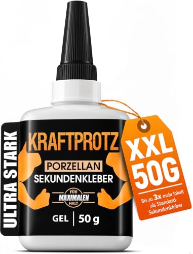 Sekundenkleber Gel für Keramik & Porzellan extra stark XXL 50 g Superkleber spülmaschinenfest hitzebeständig Anti-Austrocknungs-Spitze KRAFTPROTZ Porzellankleber für Ton Stein Geschirr