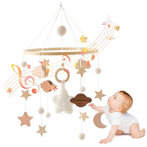 MOUNTTU Mobile pour berceau de bébé, étoiles, nuages, lune, mobile pour bébé avec son clair, mobile en bois crocheté à la main, jouets pour berceau bohème, à suspendre pour garçons et filles