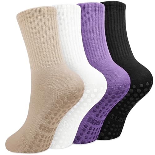 Yikki Lot de 4 paires de chaussettes antidérapantes pour femme, idéales pour la danse, le fitness, la gym, le ballet, le trampoline, la maison et l'hôpital, taille...