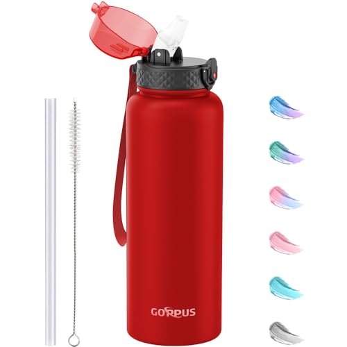 GOPPUS 1.2L/40oz Stainless Water Bottle with Straw Double Wall Insulated Bottles with Strap Large Vacuum Thermal Flask Leakproof Keep Cold Drinks Bottles with Flip Top Lid for Men Women BPA Free