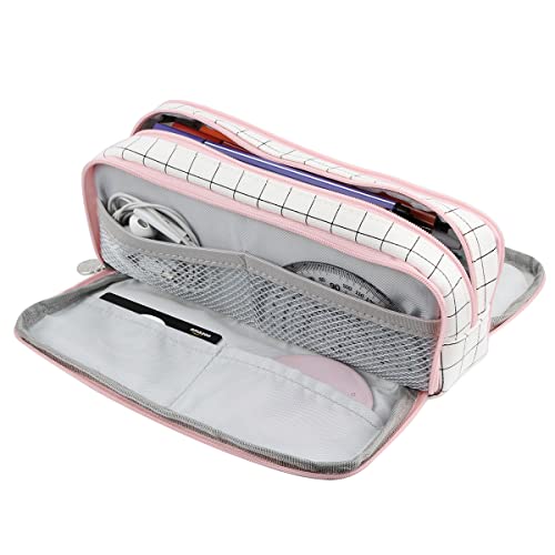 Chelory Big Capacity Pencil Case Large Storage Pencil Bag Pouch Marker 3 Compartment Stationery Pen Cases Holder For Adults Office Organizer Gifts (Plaid White) #TOP6