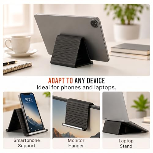 Image of Questsole Flexible Silicone Phone Stand, Foldable Rollable Mobile Holder with Aluminum Core, Multi-Angle Adjustable Desk Stand for Phone, Tablet, iPad, Laptop, Travel-Ready (Black)