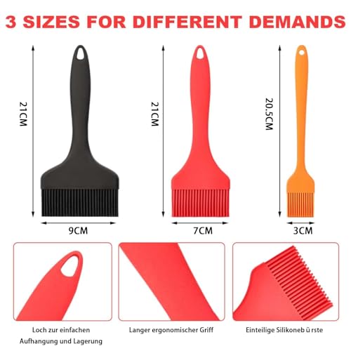 RAYAKT 3er Set Backpinsel Silikon, Silikonpinsel 20.5cm Länge mit 9cm/7cm/3cm Pinselköpfen, für Kochen BBQ Grillen, Praktisches Backpinsel Silikon Set