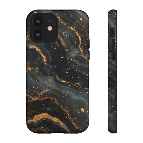 Coque iPhone 12 marbre noir et doré rigide chic effet brillant