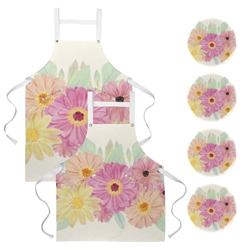 Lot de 2 tabliers de cuisine à motif marguerites avec 4 broches pour la pâtisserie