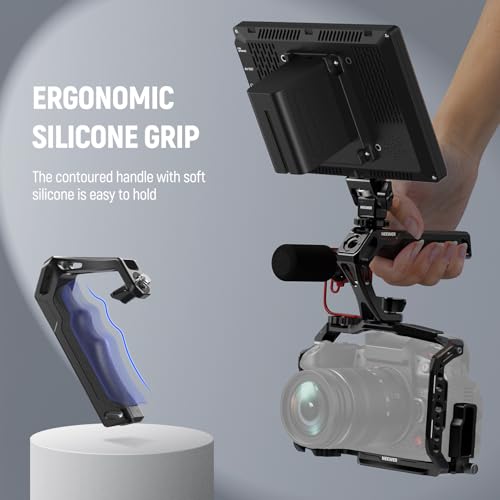 Image of NEEWER Camera Top Handle with 3 /8 inch Wing Screw & Locating Pins for ARRI, Nonslip Silicone Grip with 1 /4 inch & 3 /8 inch Threads, Cold Shoes, Compatible with SmallRig Camera Cage Accessories, CA107