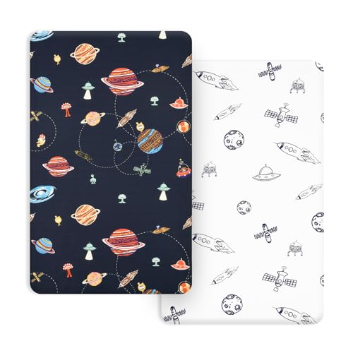Image of PHF Soft Mini Crib Sheet Set, 2 Pack Silky Comfy Pack N Play Sheets for Boys Girls, Universal Fit for Pack N Play, Playard and Mini Crib Mattresses, Space