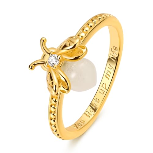 Hapour Glow in the Dark Firefly Ring 925 Sterling Silver Ring Eternity Gorgeous Stackable Rings for Women Teens Gifts for Her Ring Size 6 Gold