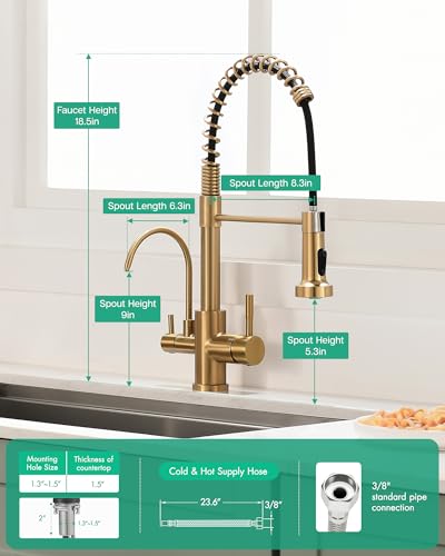 Image of GIMILI 3 in 1 Kitchen Faucet with Pull Down Sprayer Brushed Gold Two Handle Kitchen Sink Faucet with Under Sink Water Filter System Reduces PFAS, PFOA /PFOS, Lead, Chlorine, Bad Taste & Odor