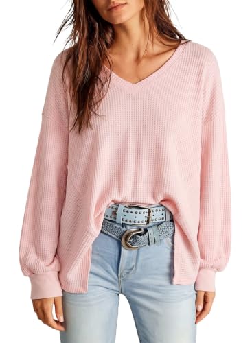 Image of Dokotoo Womens Waffle Knit Tops Trendy Fashion 2026 Oversized T Shirts | Lightweight,V Neck,Casual,Batwing Sleeve,Loose Fit,Irregular Hem,Boyfriend Style,Oversized,Fall Outfits