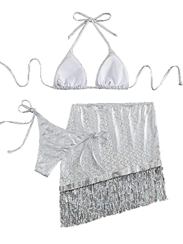 Women Bikini Sets Sparkly Glitter Contrast Sequin Halter Micro Triangle Swimsuit with Beach Skirt4